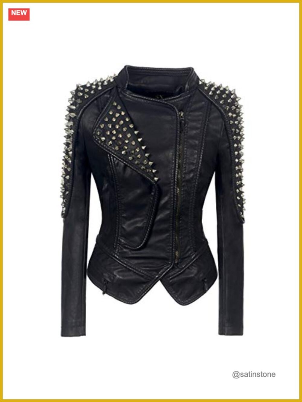 Women's PU Leather Biker Jacket with Rivets Slim Fit Long Sleeve Moto Coat